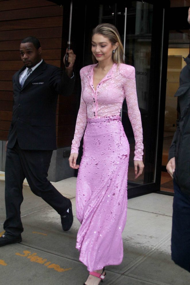 Gigi Hadid in Pink Long Dress out in NYC